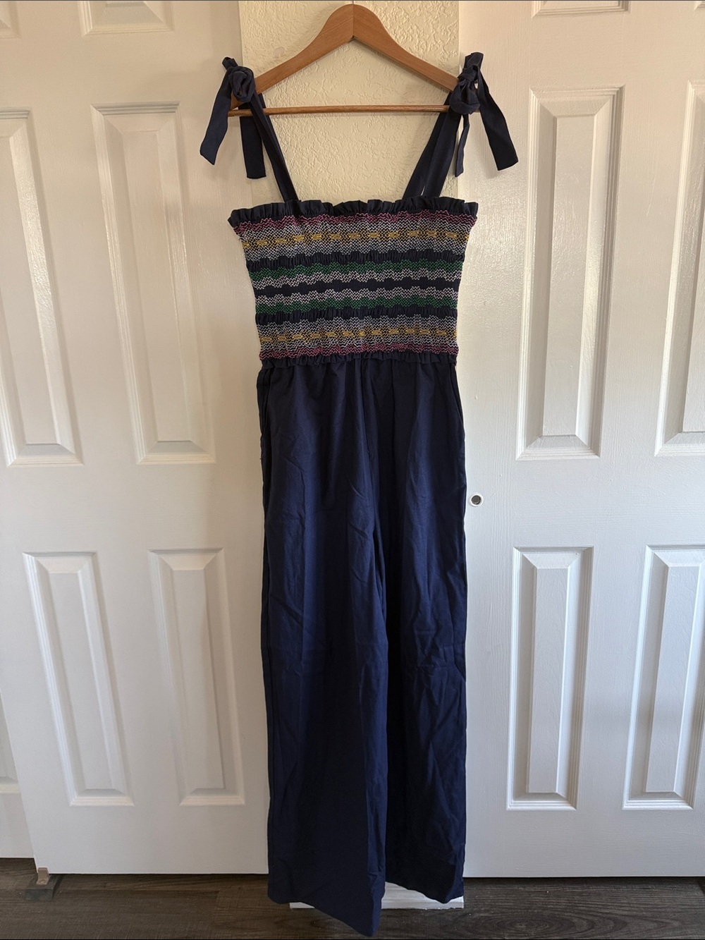 Main Strip Navy Smocked Jumpsuit with Multicolor Bodice